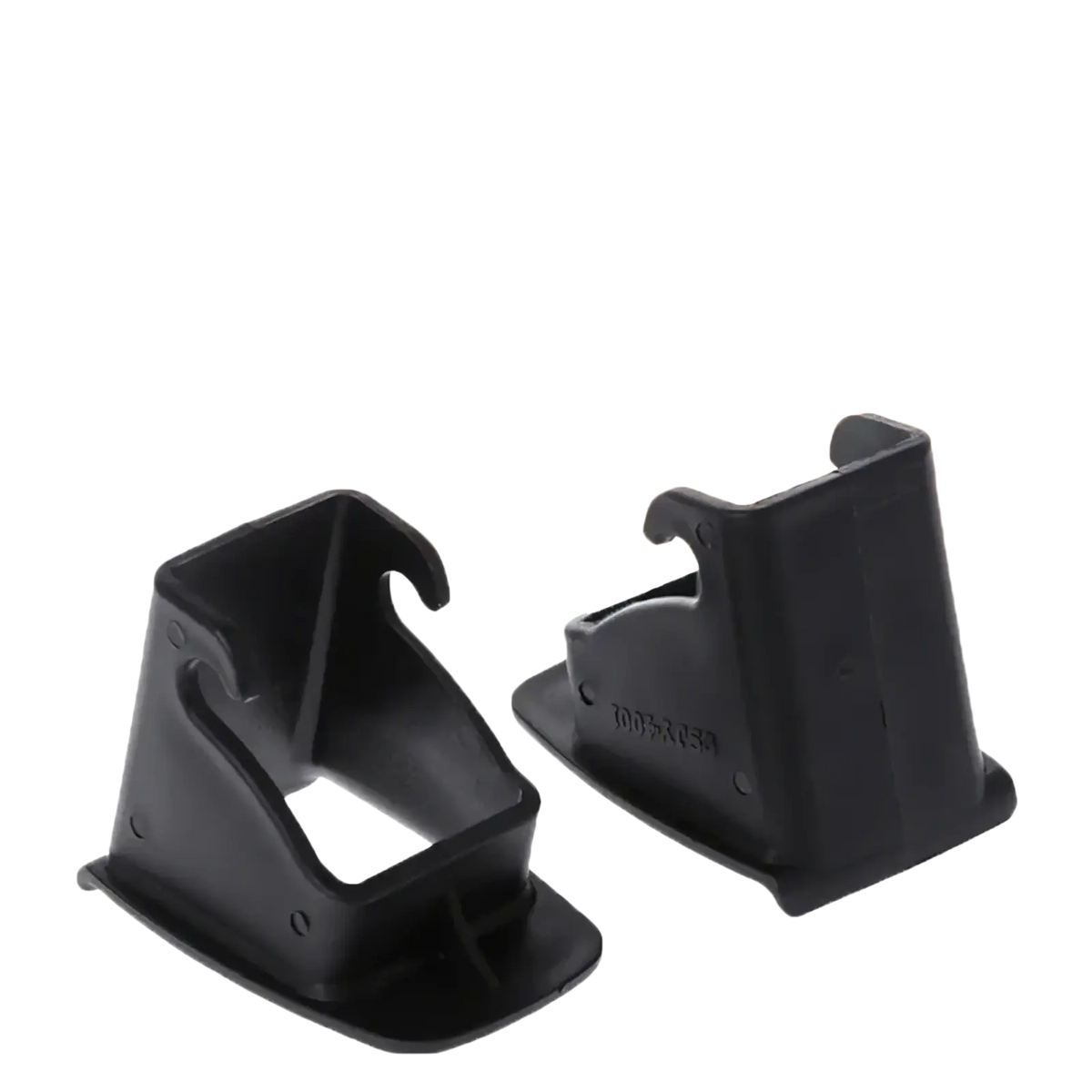 Black plastic Isofix latch guide connector clips for car baby seat shown from the back side