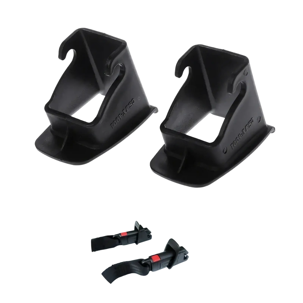 Black plastic isofix latch guide connector with integrated hooks and red-accented strap buckle for car baby seat