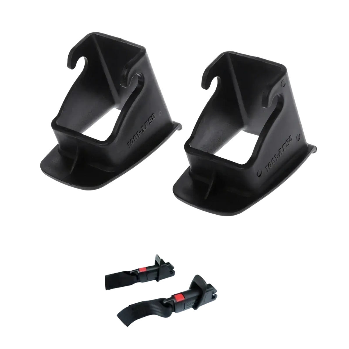 Black plastic isofix latch guide connector with integrated hooks and red-accented strap buckle for car baby seat