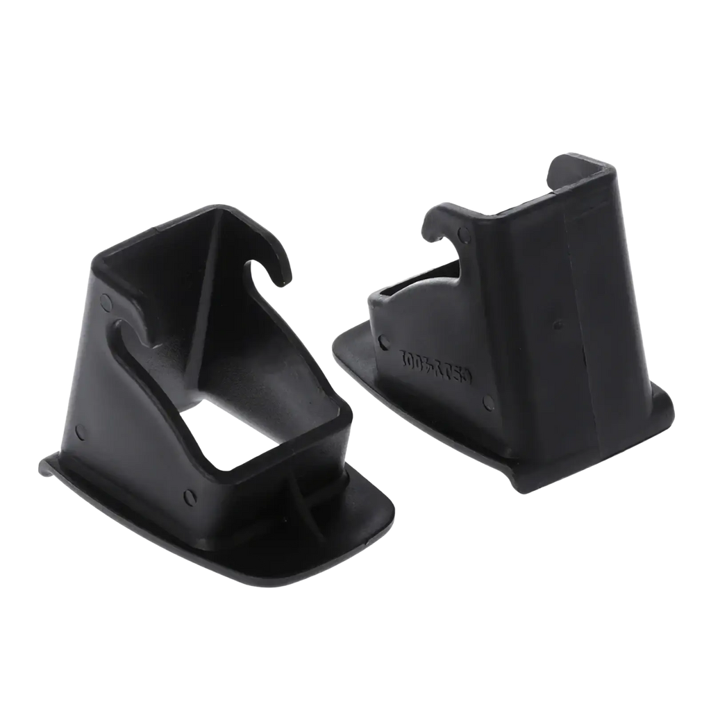 Black plastic isofix latch guide connector for car baby seat with hook-shaped top and flat base visible from back side