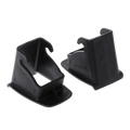 Black plastic isofix latch guide connector for car baby seat with hook-shaped top and flat base visible from back side