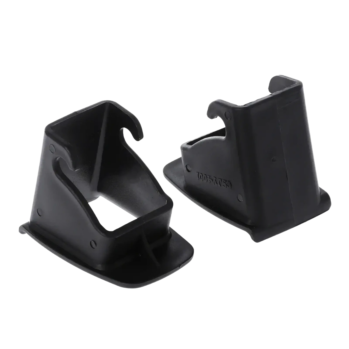 Black plastic isofix latch guide connector for car baby seat with hook-shaped top and flat base visible from back side