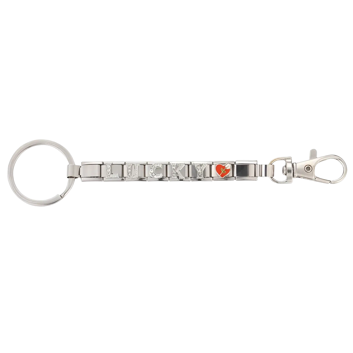 Silver metallic italian link charm keychain personalized diy with lucky letter charms and red heart pendant