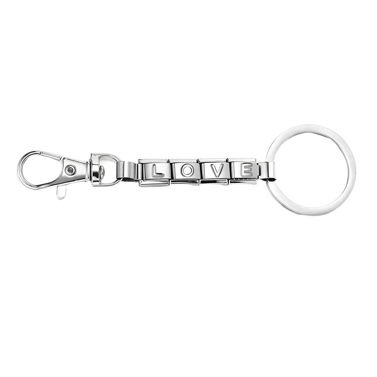 Silver metallic italian link charm keychain with love letter blocks lobster clasp and circular ring for personalization
