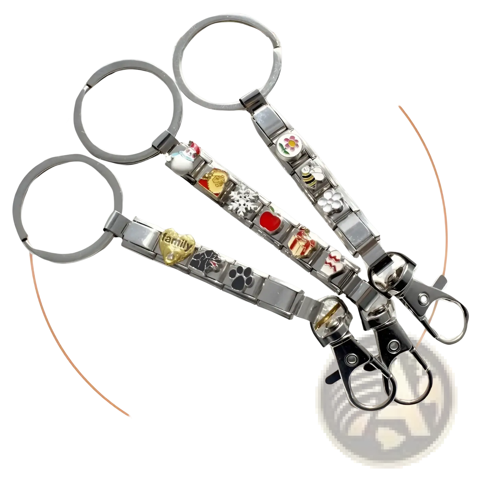 Three silver italian link charm keychains with colorful enamel charms linked by metallic segments for personalization