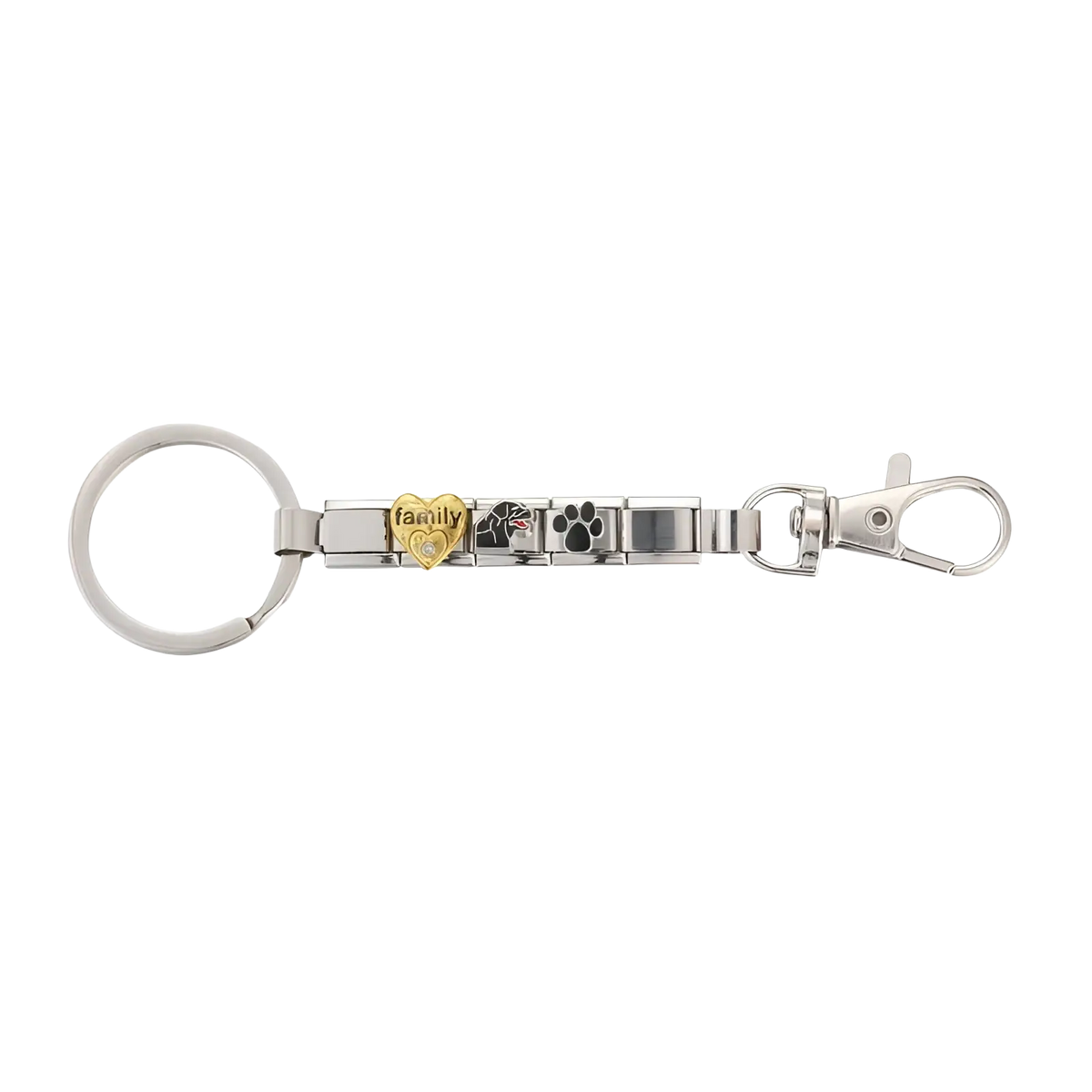 Silver-toned Italian link charm keychain with gold heart family engraving and black paw print charms on interlocking metal links