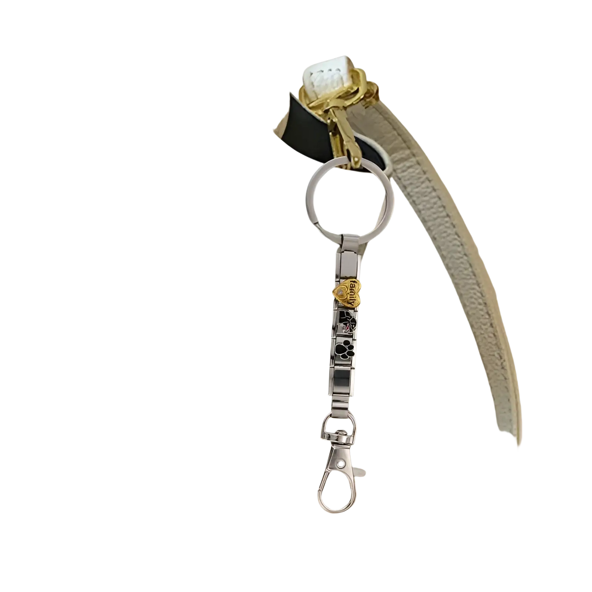 Italian link charm keychain in silver with gold rose charm and black paw print accents on white leather handbag strap
