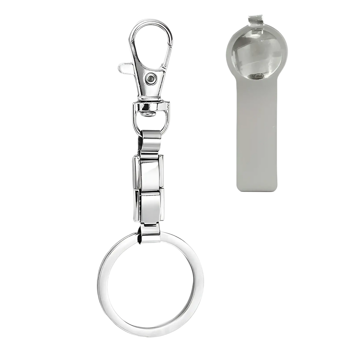Silver-toned metal Italian link charm keychain with rectangular links and sturdy lobster clasp for personalized diy use