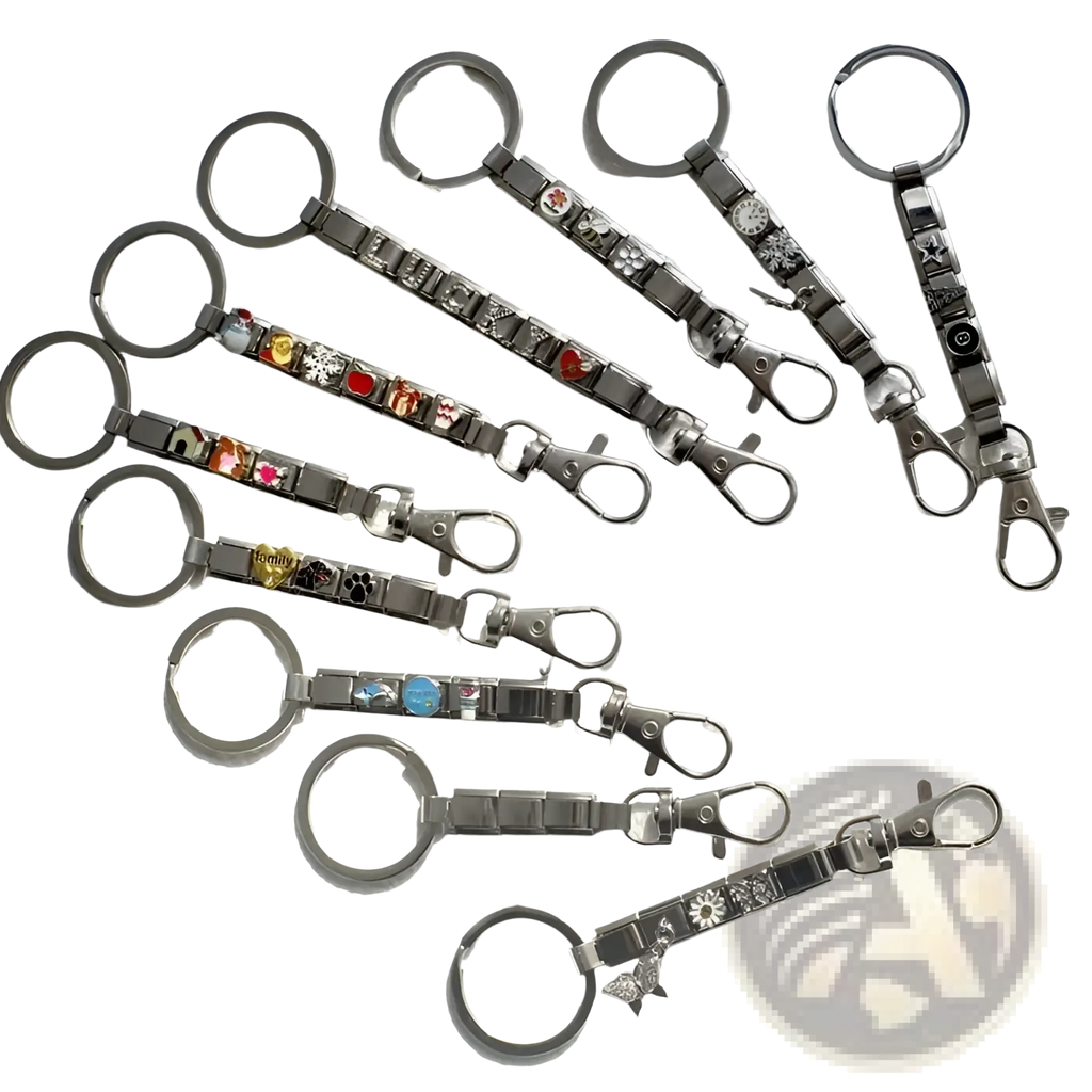 Silver-toned italian link charm keychain with colorful interchangeable charms and a sleek metallic finish