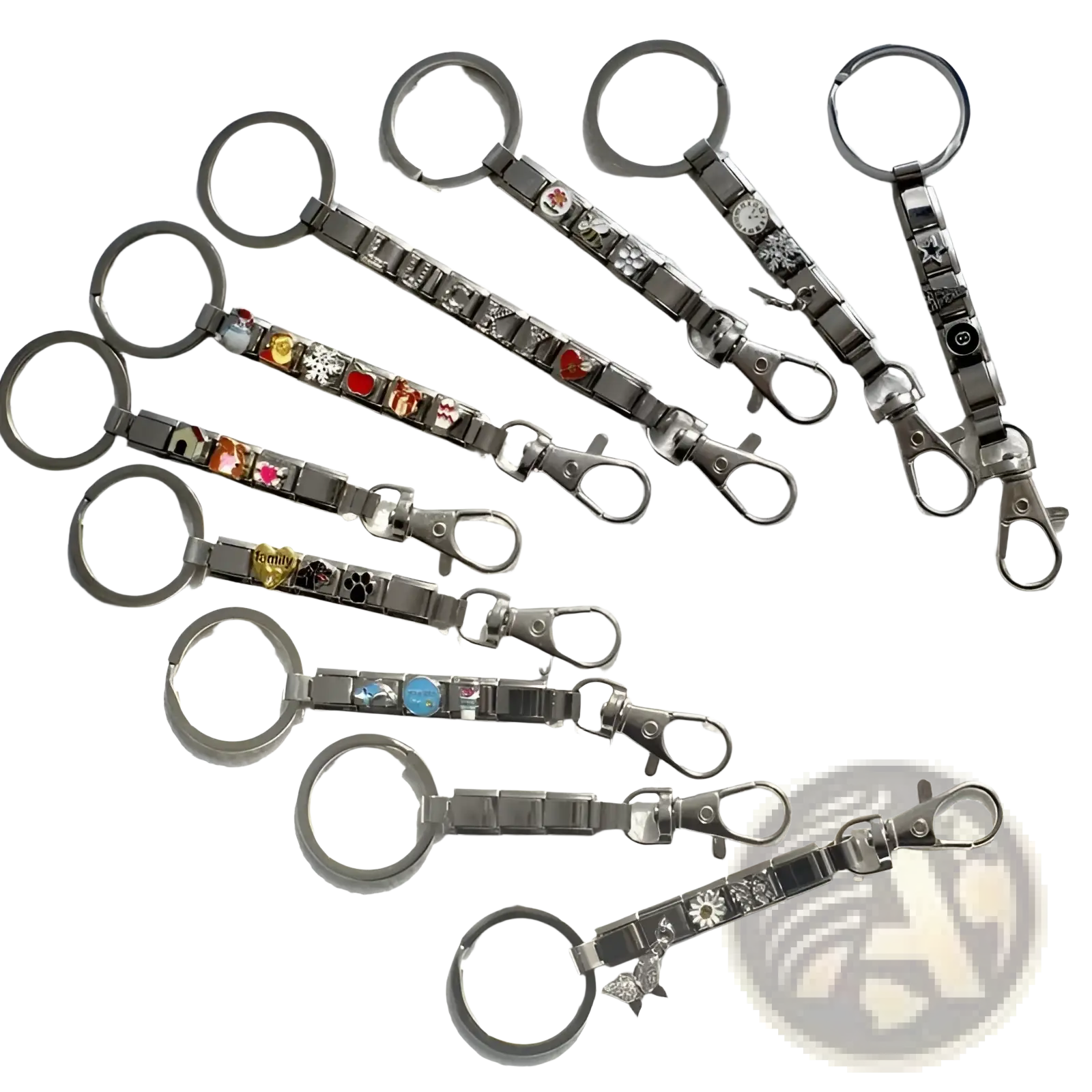 Silver-toned italian link charm keychain with colorful interchangeable charms and a sleek metallic finish