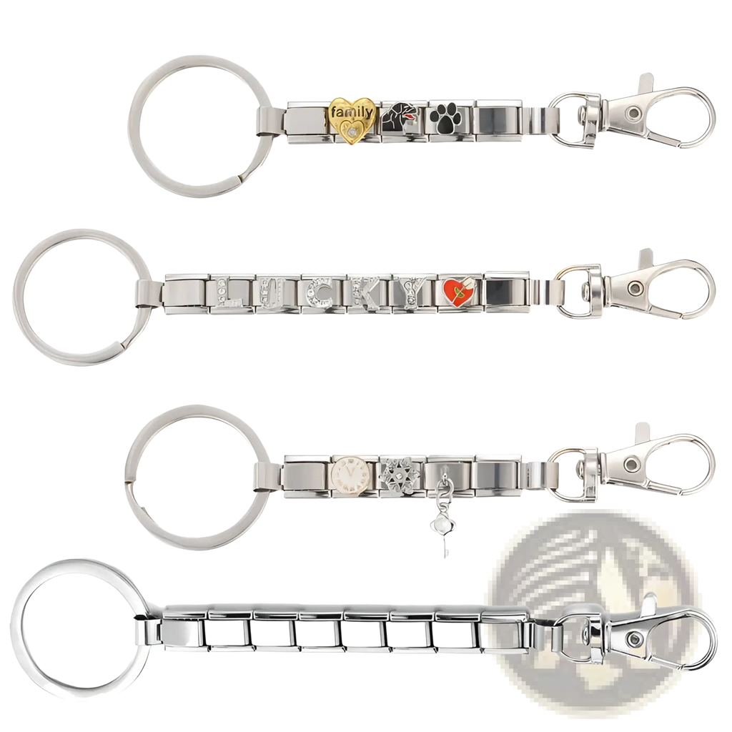 Silver-toned italian link modular keychain with interchangeable charms and lobster clasp for personalized diy use