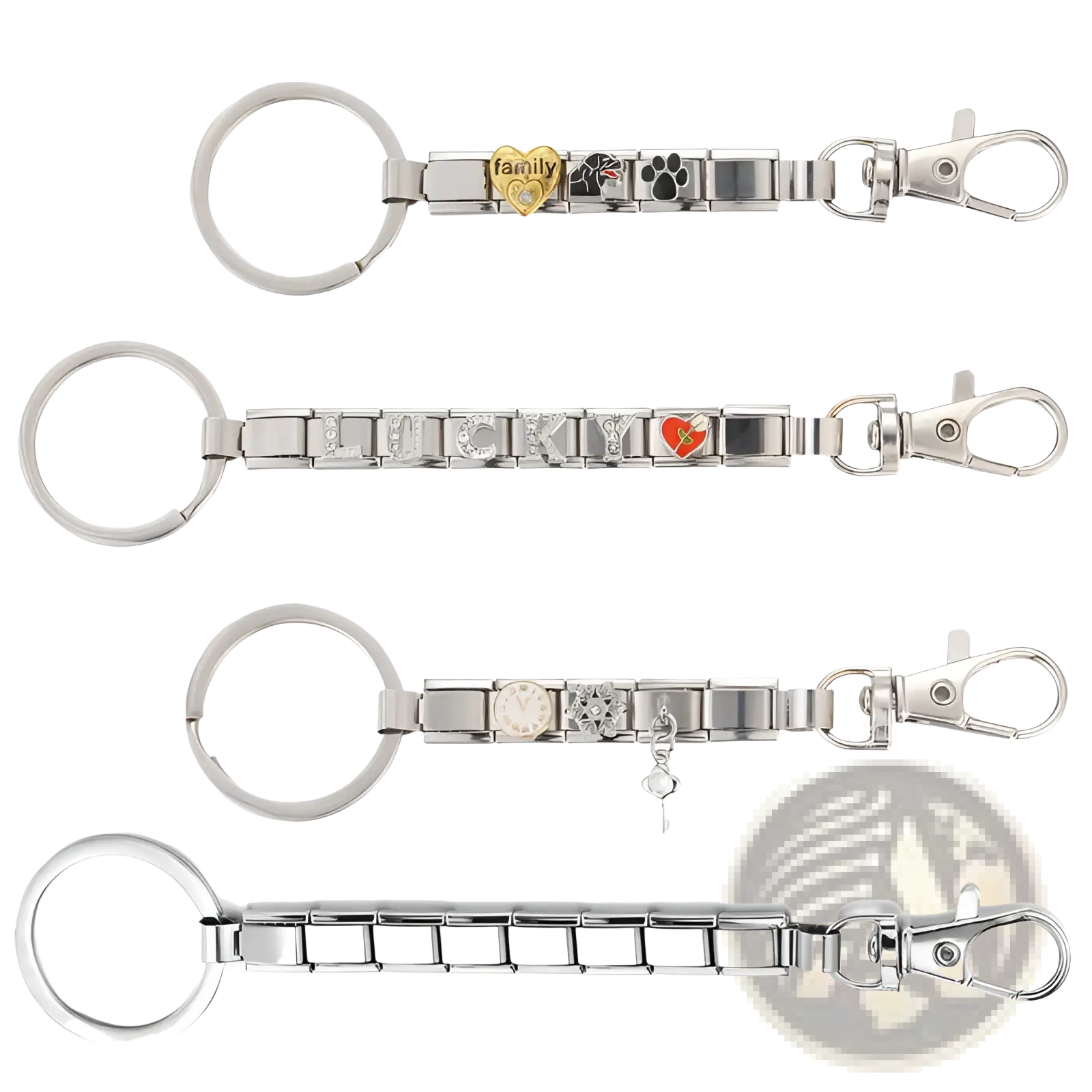 Silver-toned italian link modular keychain with interchangeable charms and lobster clasp for personalized diy use