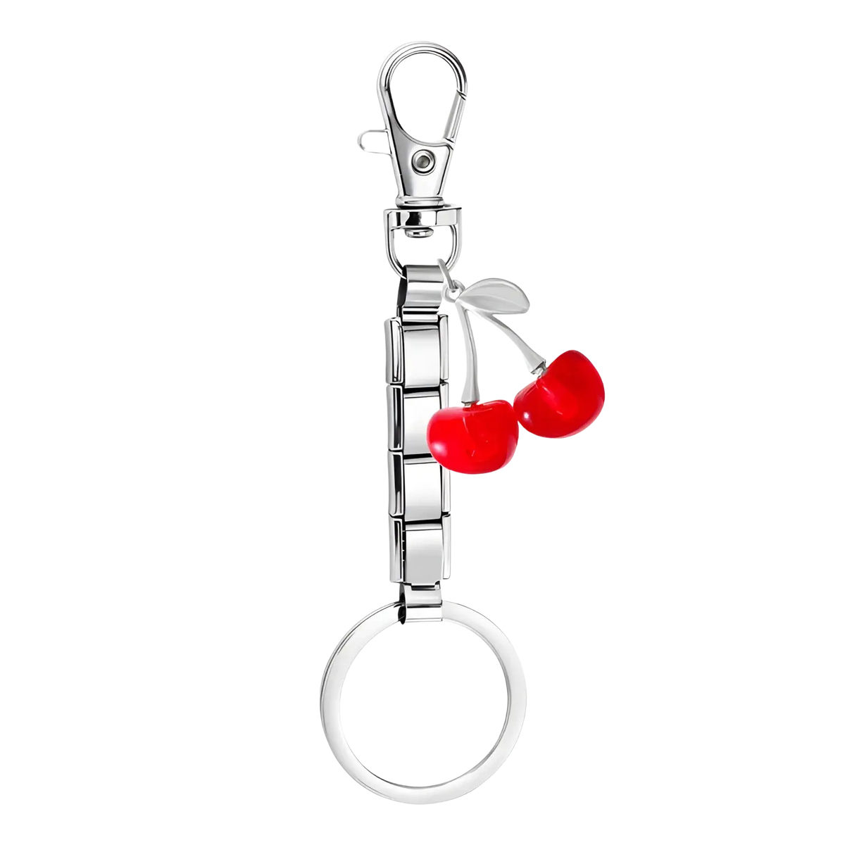 Italian link charm keychain in silver with a sleek segmented chain and two glossy red cherry charms