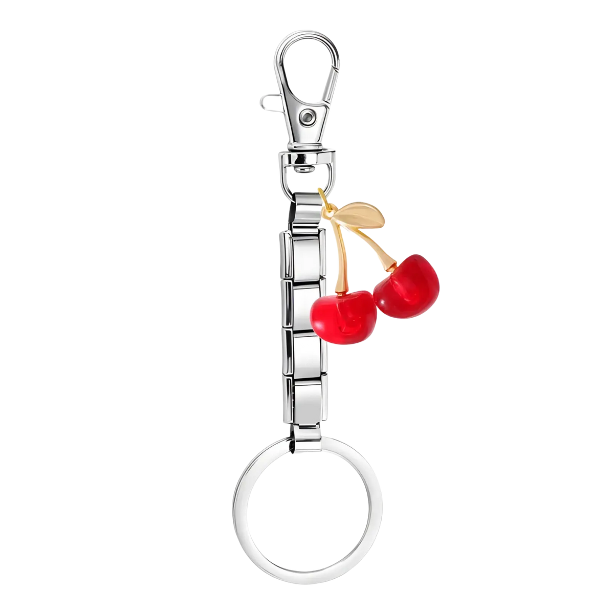 Italian link charm keychain silver with sleek segmented chain and two glossy red cherry charms on gold-tone stems