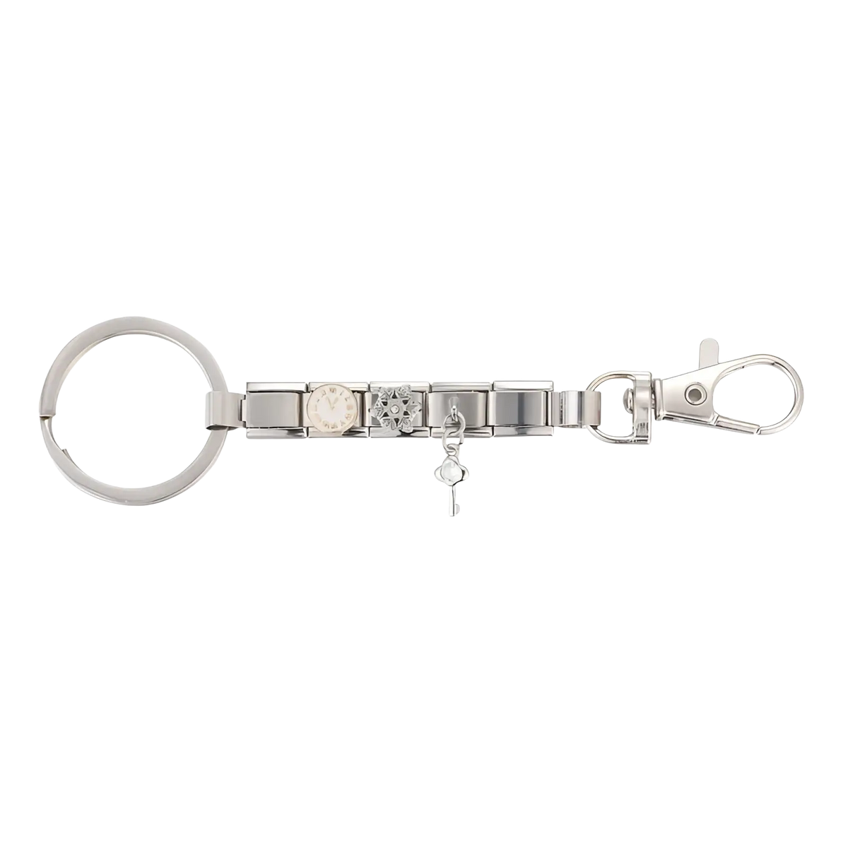 Silver-toned italian link charm keychain featuring a sleek modular bracelet design with a crystal-encrusted centerpiece
