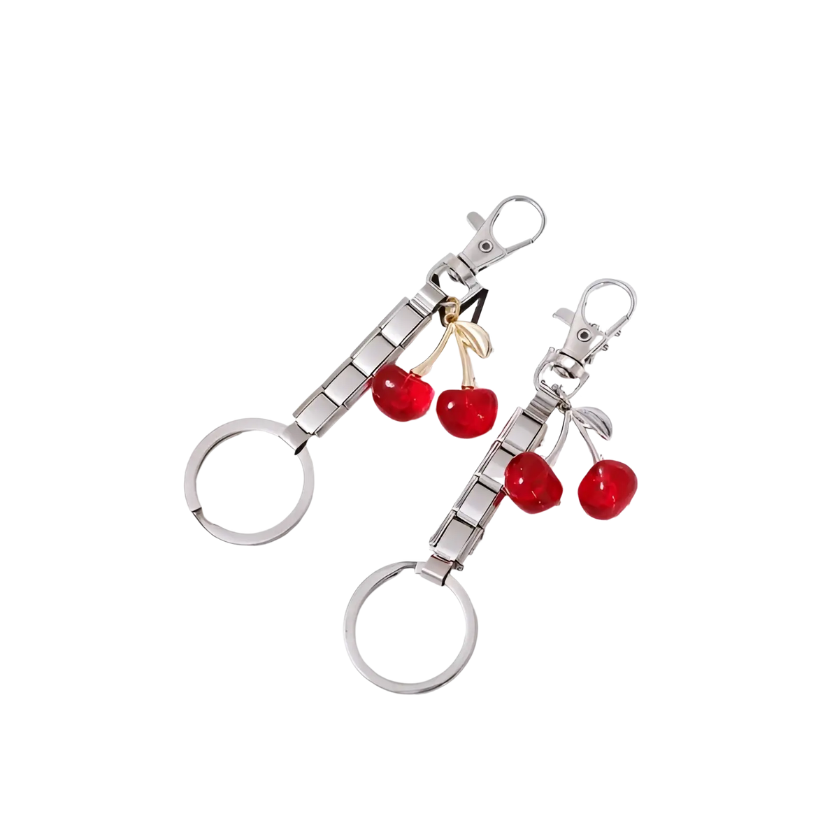 Italian link charm keychain in silver featuring two glossy red cherry charms with gold-tone stems and segmented metal body