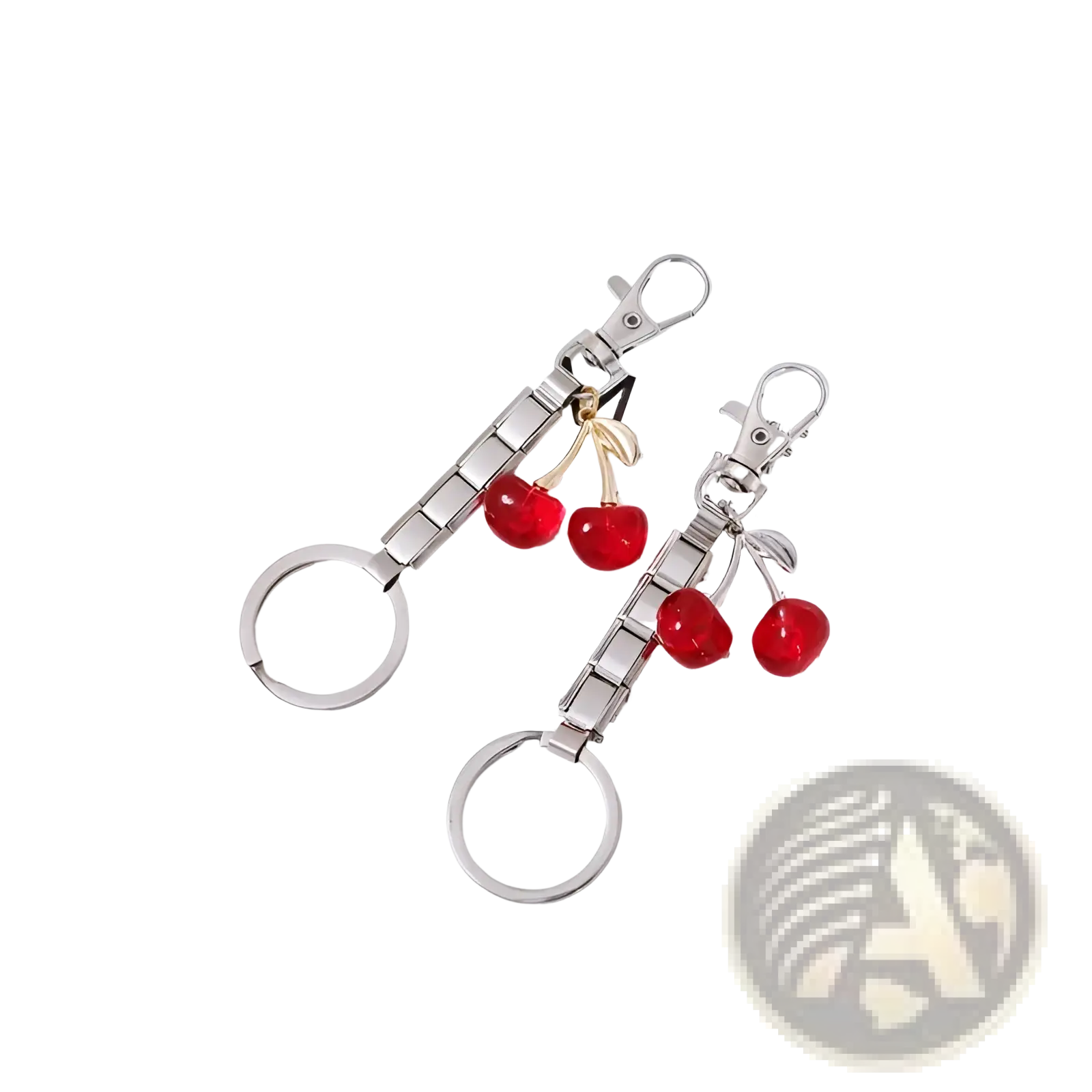 Italian link charm keychain in silver featuring two glossy red cherry charms with gold-tone stems and segmented metal body