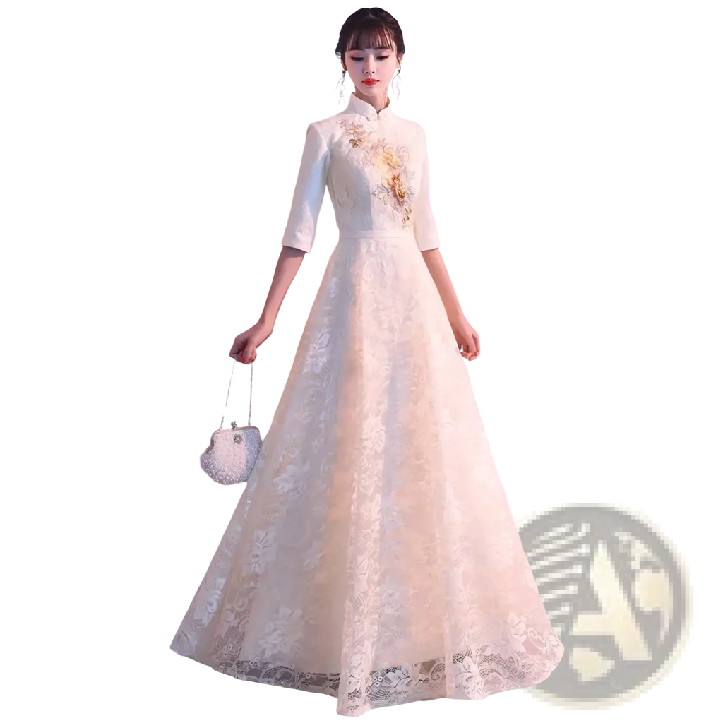 Elegant ivory lace cheongsam wedding dress featuring floral embroidery and a high collar for formal occasions