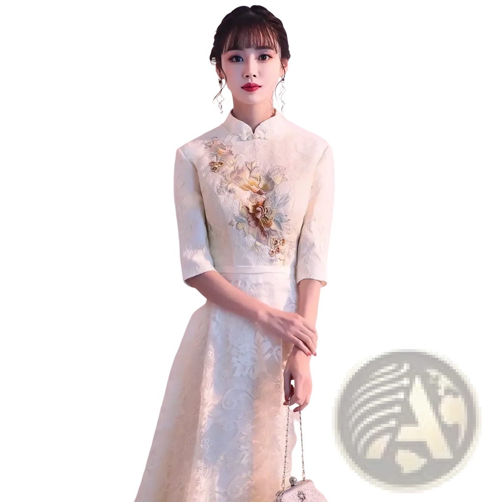 A woman wears an ivory lace cheongsam wedding dress with intricate floral embroidery and a matching chain-strap clutch