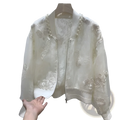 Ivory lace bomber jacket with intricate floral embroidery and a pearl-trimmed collar for elegant wear