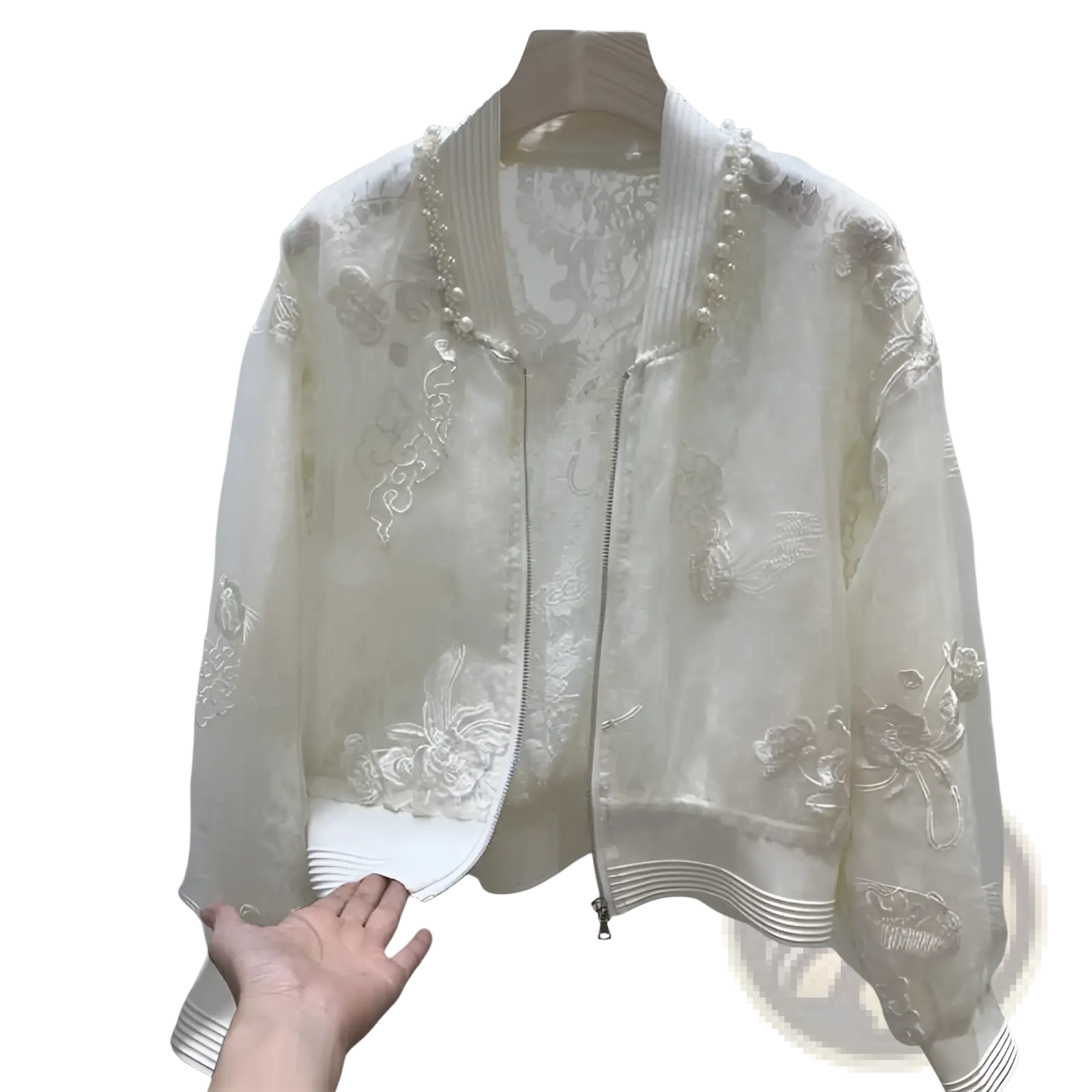 Ivory lace bomber jacket with intricate floral embroidery and a pearl-trimmed collar for elegant wear
