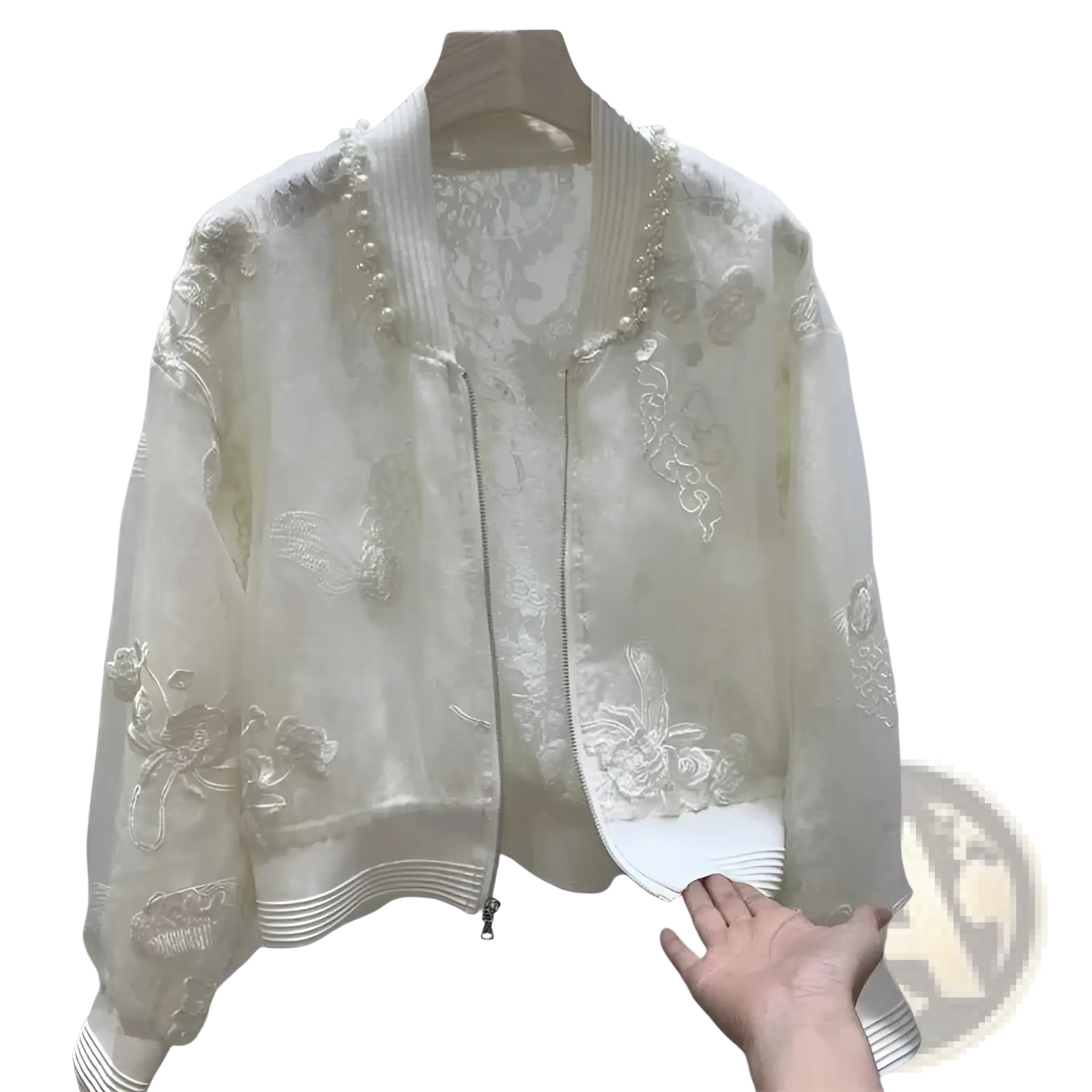 Ivory lace pearl embroidered bomber jacket featuring intricate floral embroidery and a pearl-trimmed collar