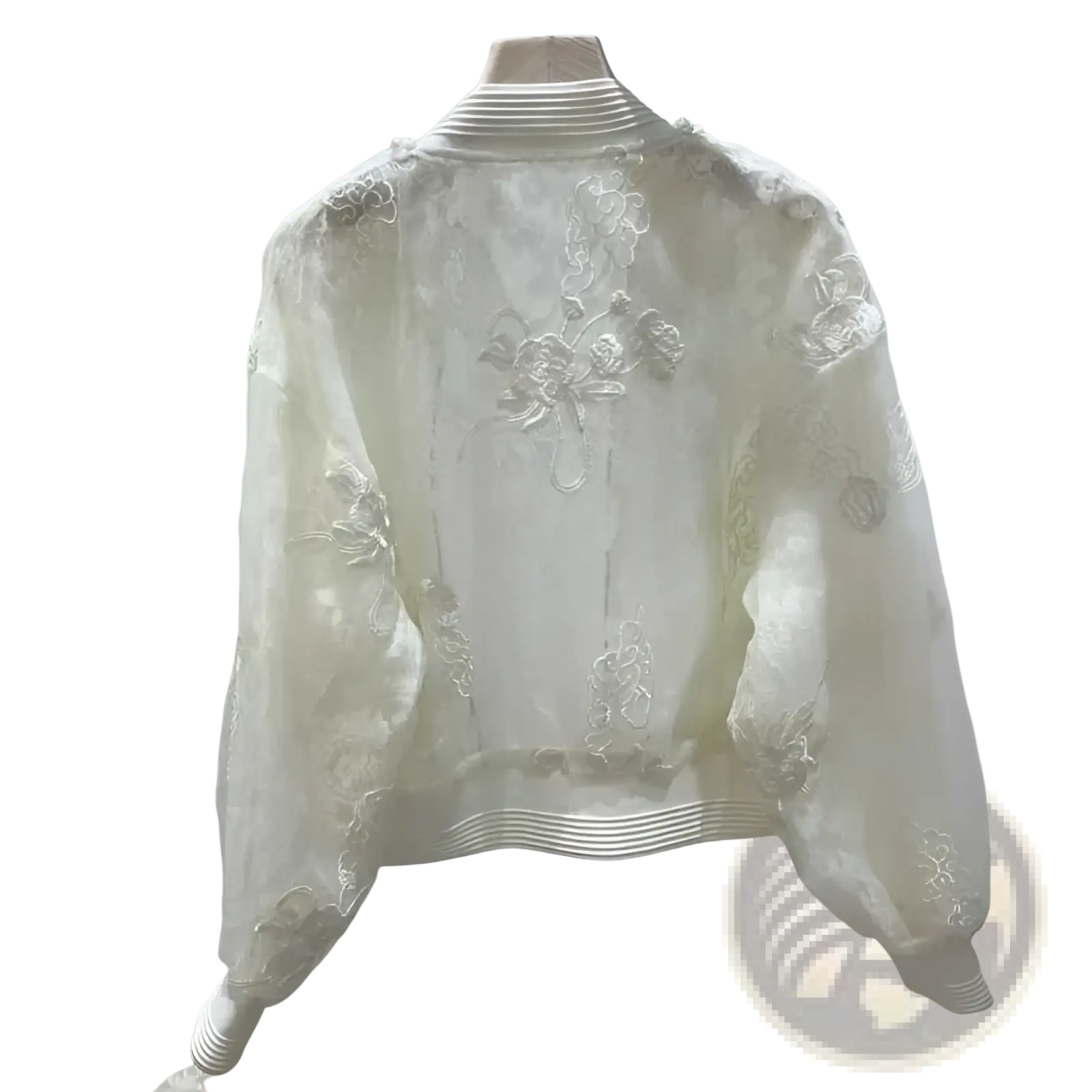Ivory lace pearl embroidered bomber jacket with delicate floral embroidery and ribbed cuffs in ivory color