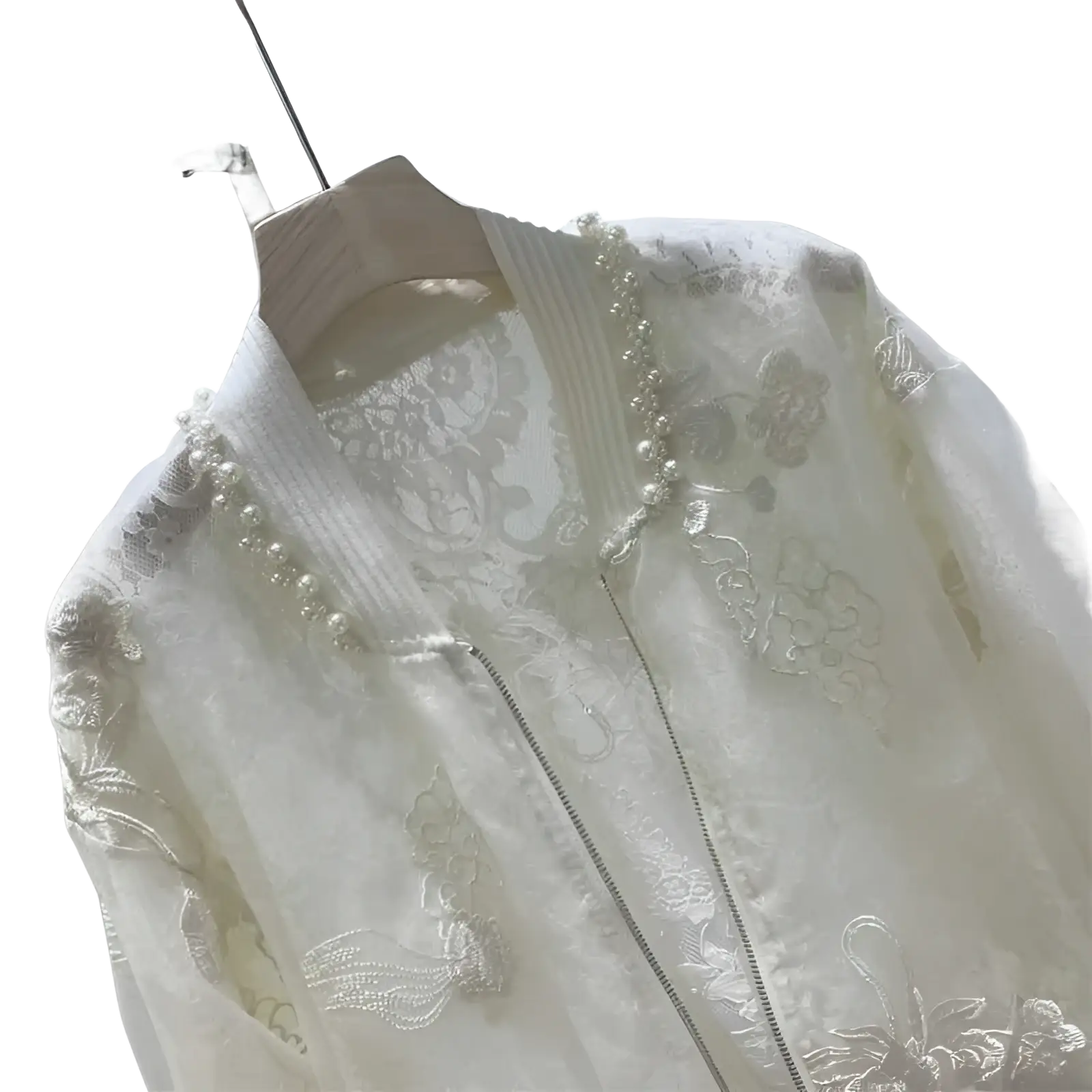 Ivory lace pearl embroidered bomber jacket with delicate silver embroidery and pearl collar detailing