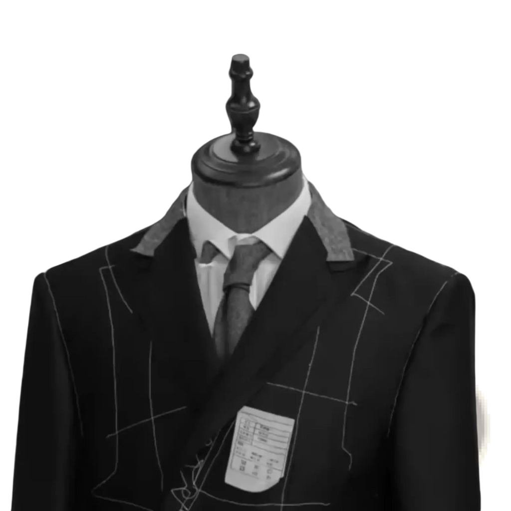 Black tailored suit jacket with white stitching and matching tie displayed on a mannequin for formal wedding use
