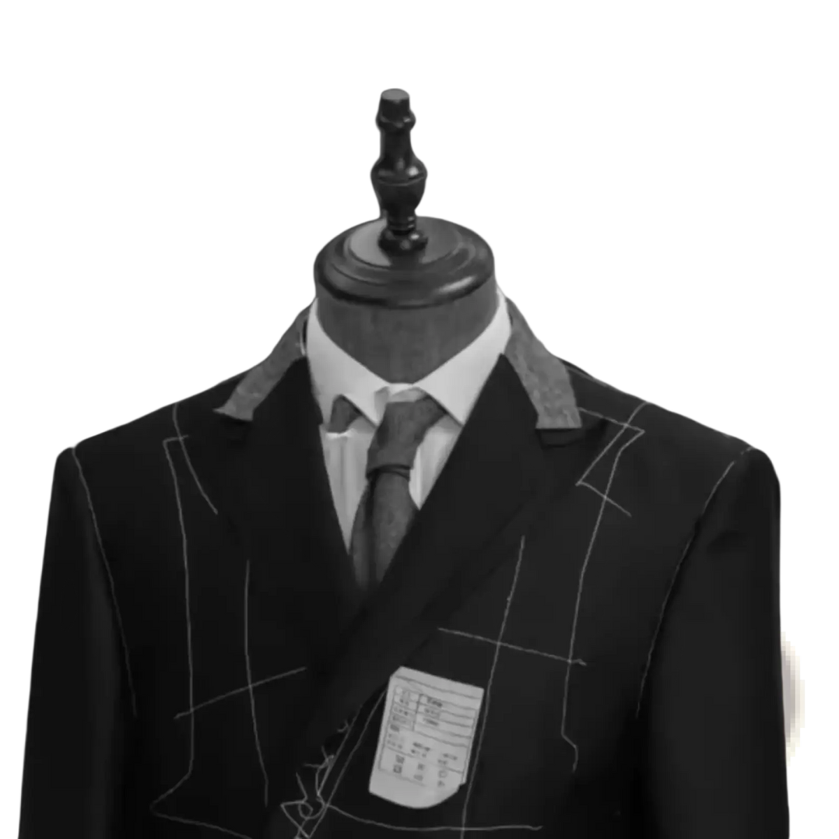 Black tailored suit jacket with white stitching and matching tie displayed on a mannequin for formal wedding use