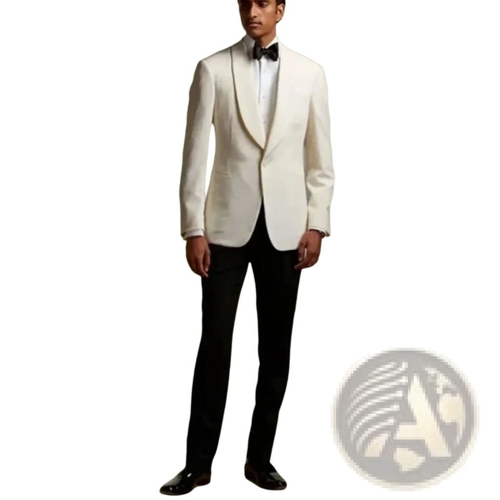 Ivory white men business suit jacket with notched lapel and subtle texture paired with black formal trousers
