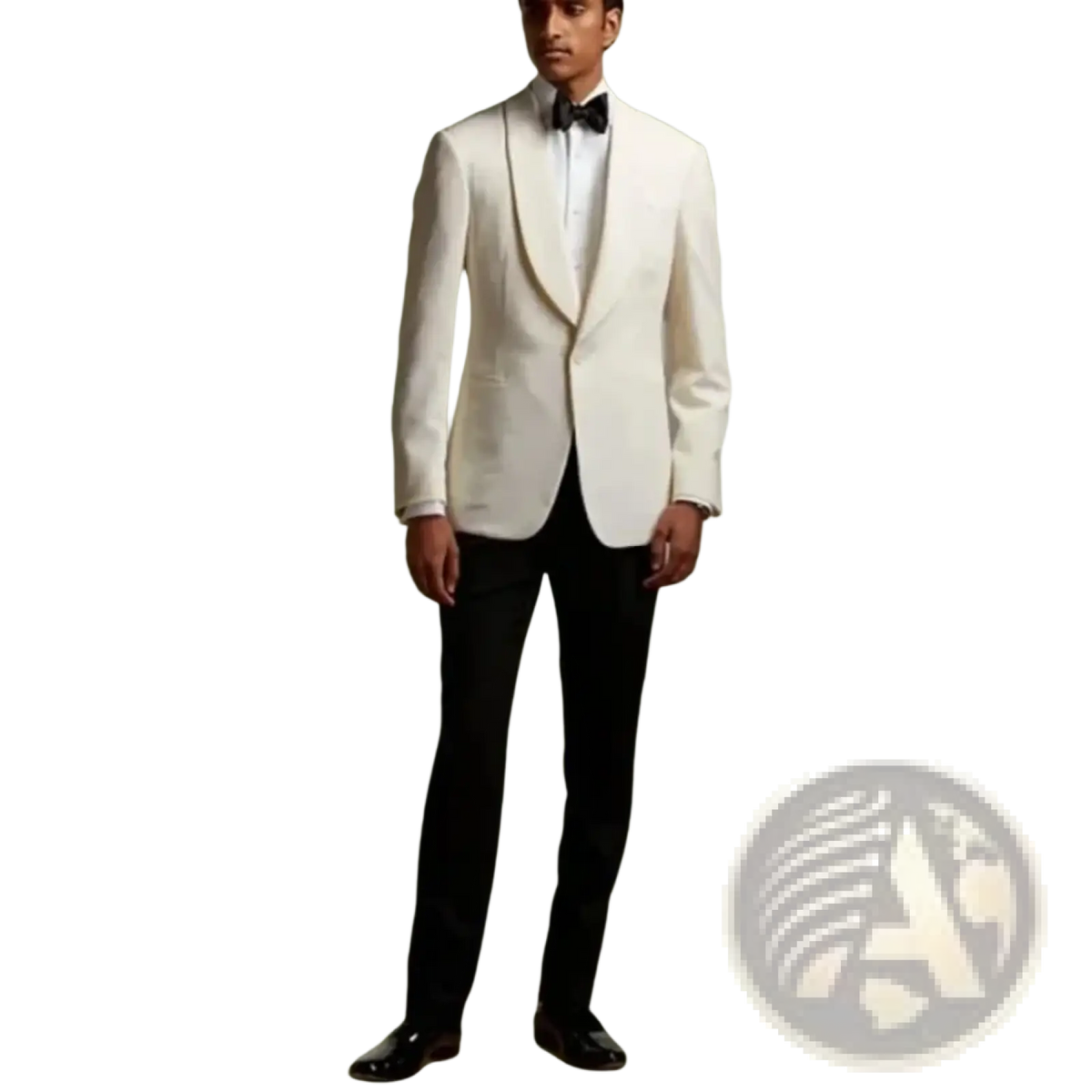 Ivory white men business suit jacket with notched lapel and subtle texture paired with black formal trousers