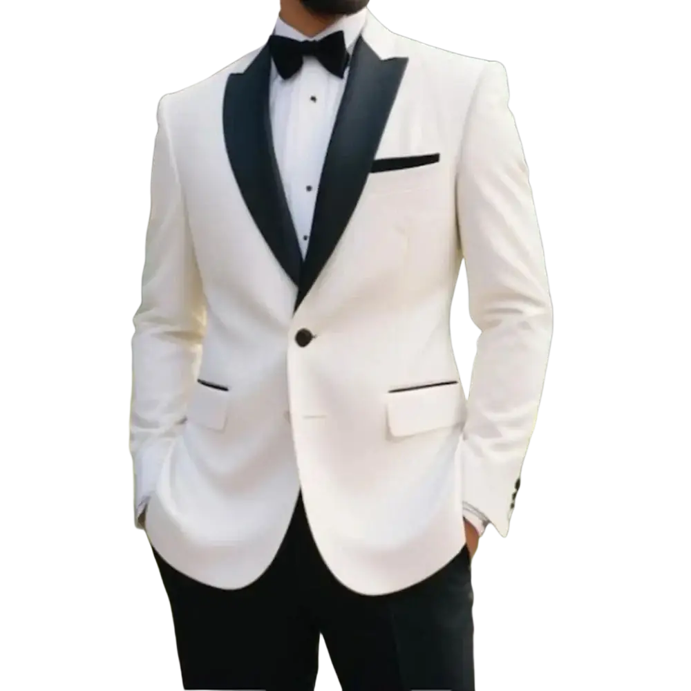 Ivory white men business suit jacket wedding formal with crisp white fabric black satin lapels trim and matching bow tie