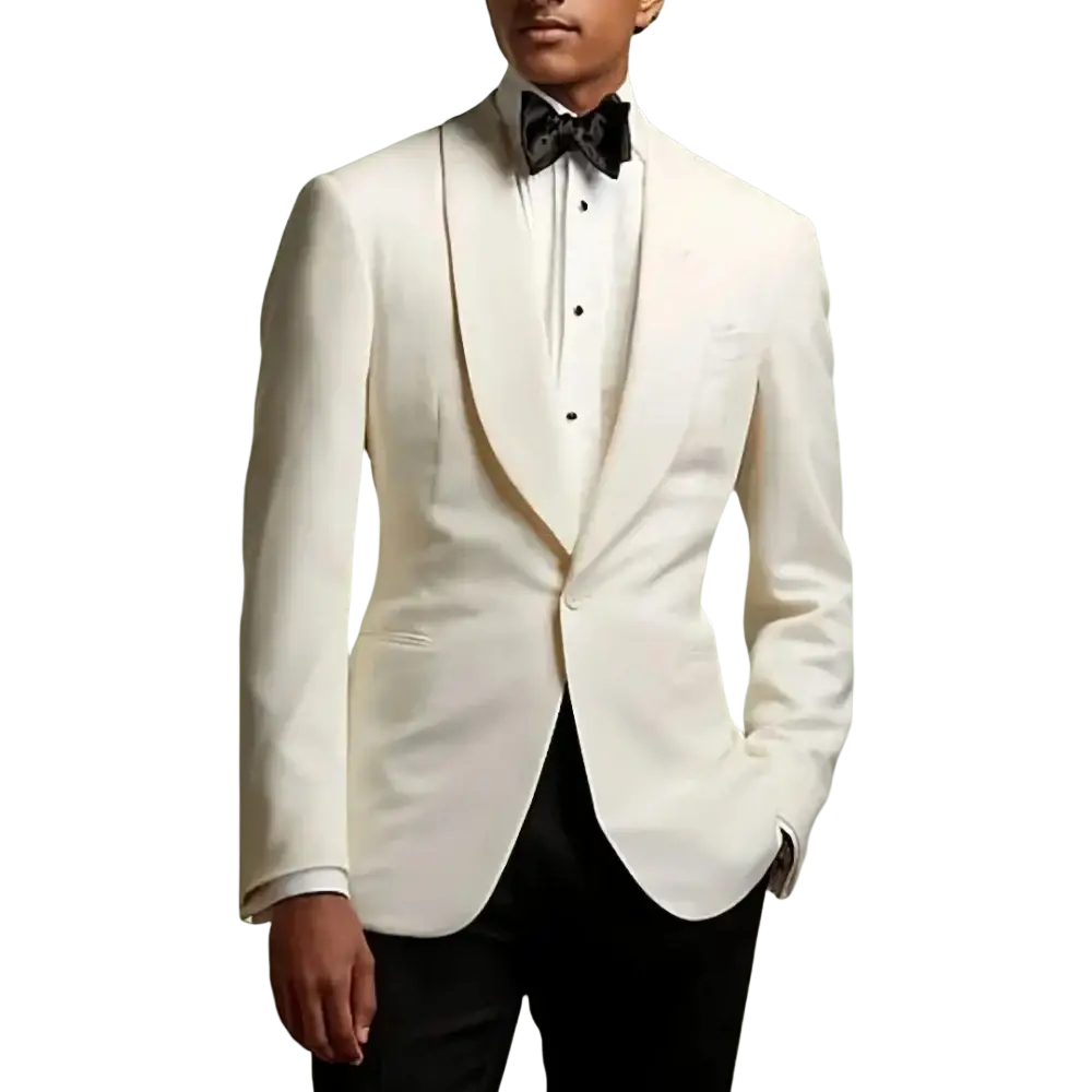 Elegant ivory white men business suit jacket with satin lapels and black bow tie for wedding formal occasions