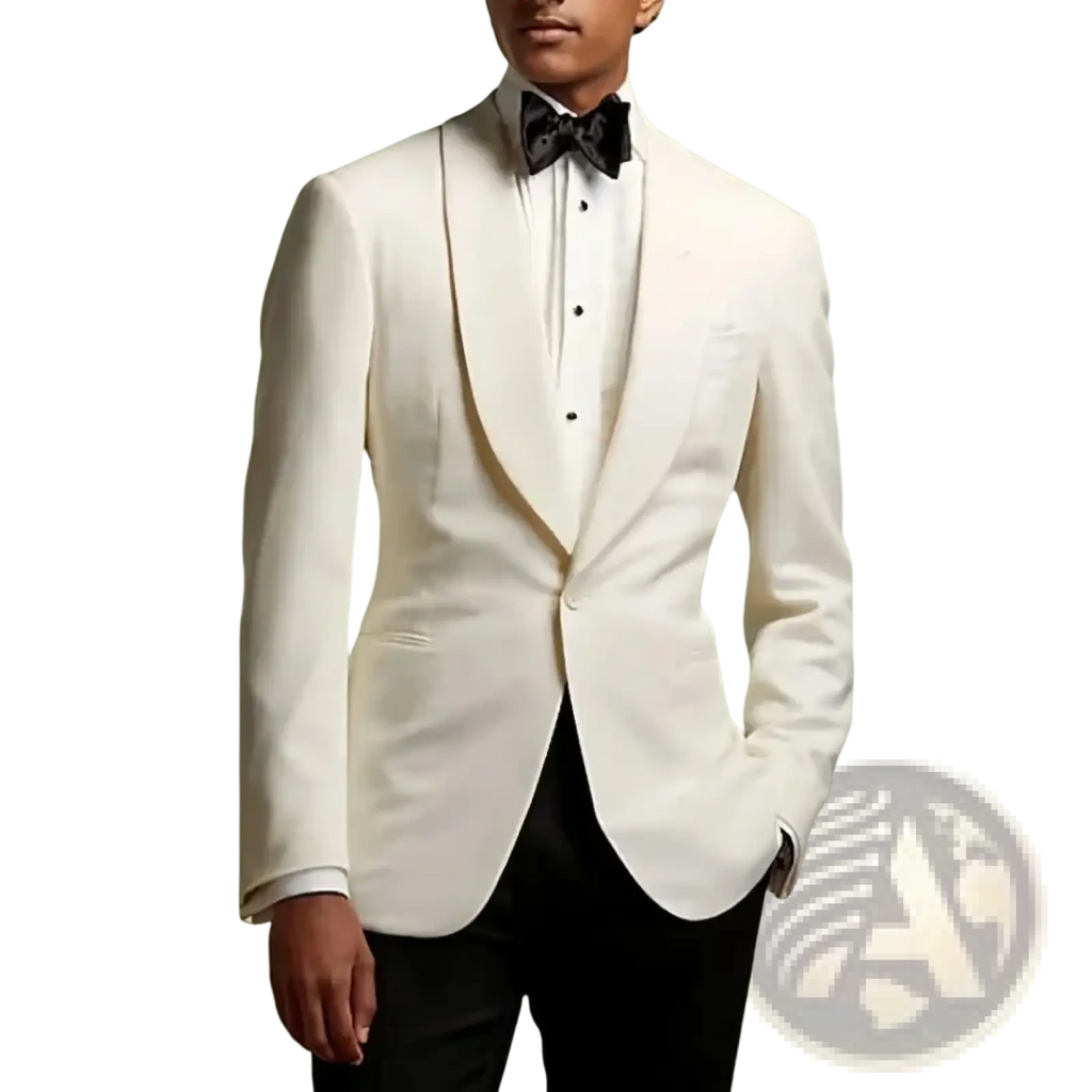 Elegant ivory white men business suit jacket with satin lapels and black bow tie for wedding formal occasions