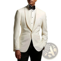 Elegant ivory white men business suit jacket with satin lapels and black bow tie for wedding formal occasions