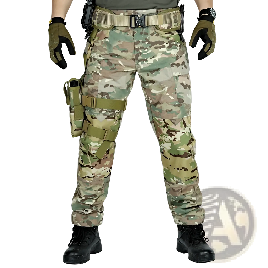 Multicam-patterned ix6 tactical pants for men featuring multiple utility pockets and adjustable straps for summer use