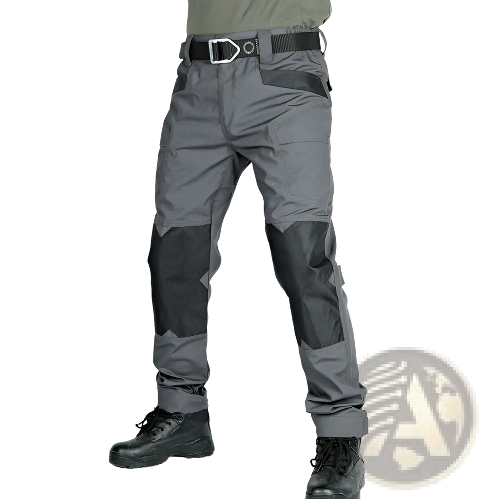 Ix6 tactical pants men summer utility cargo trousers in dark gray with reinforced black knee panels and multiple pockets