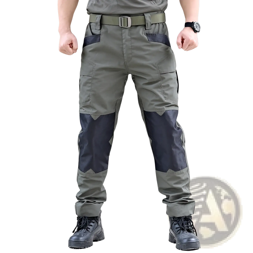 Olive green ix6 tactical pants for men with black reinforced panels, multiple cargo pockets, and sturdy belt loops for utility use
