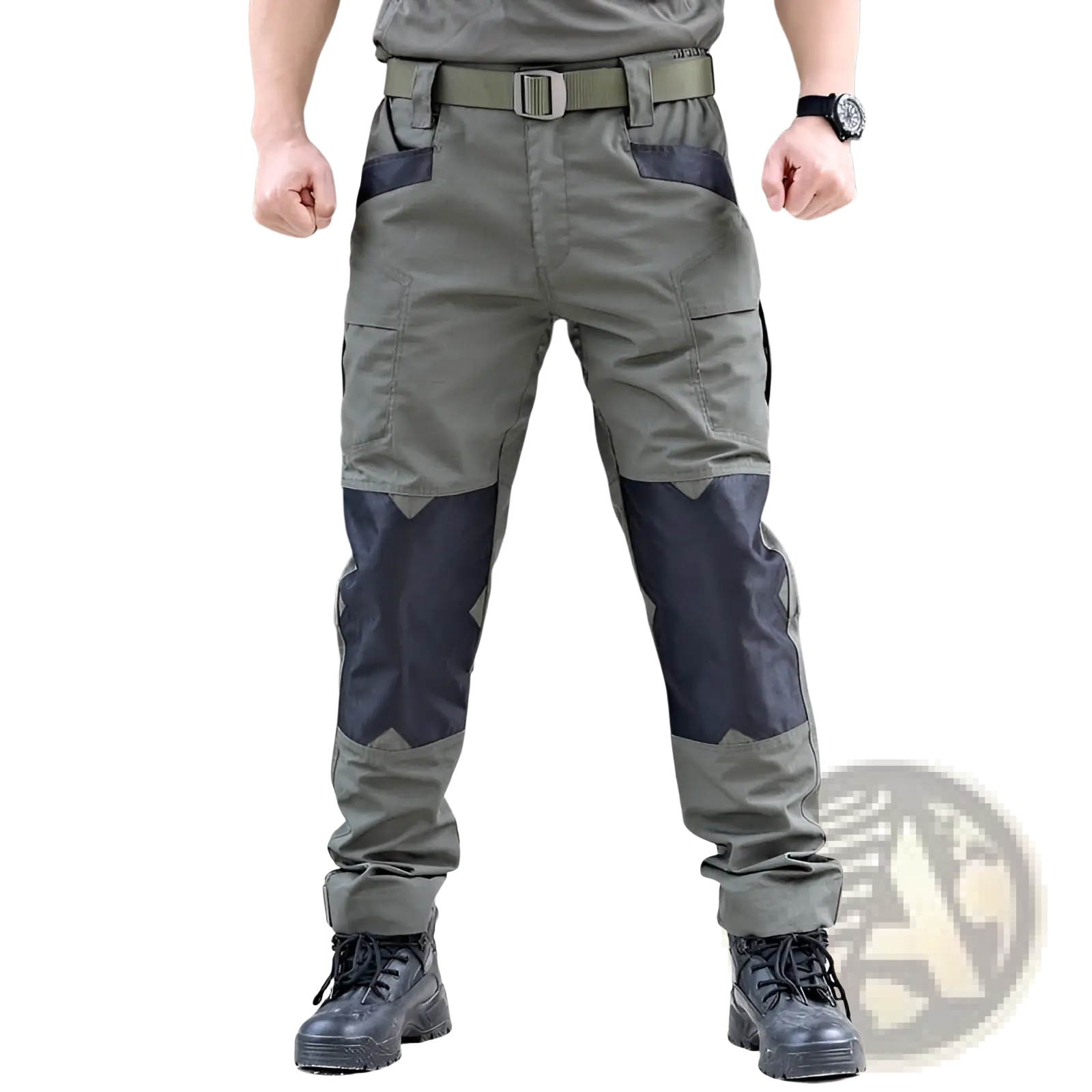 Olive green ix6 tactical pants for men with black reinforced panels, multiple cargo pockets, and sturdy belt loops for utility use