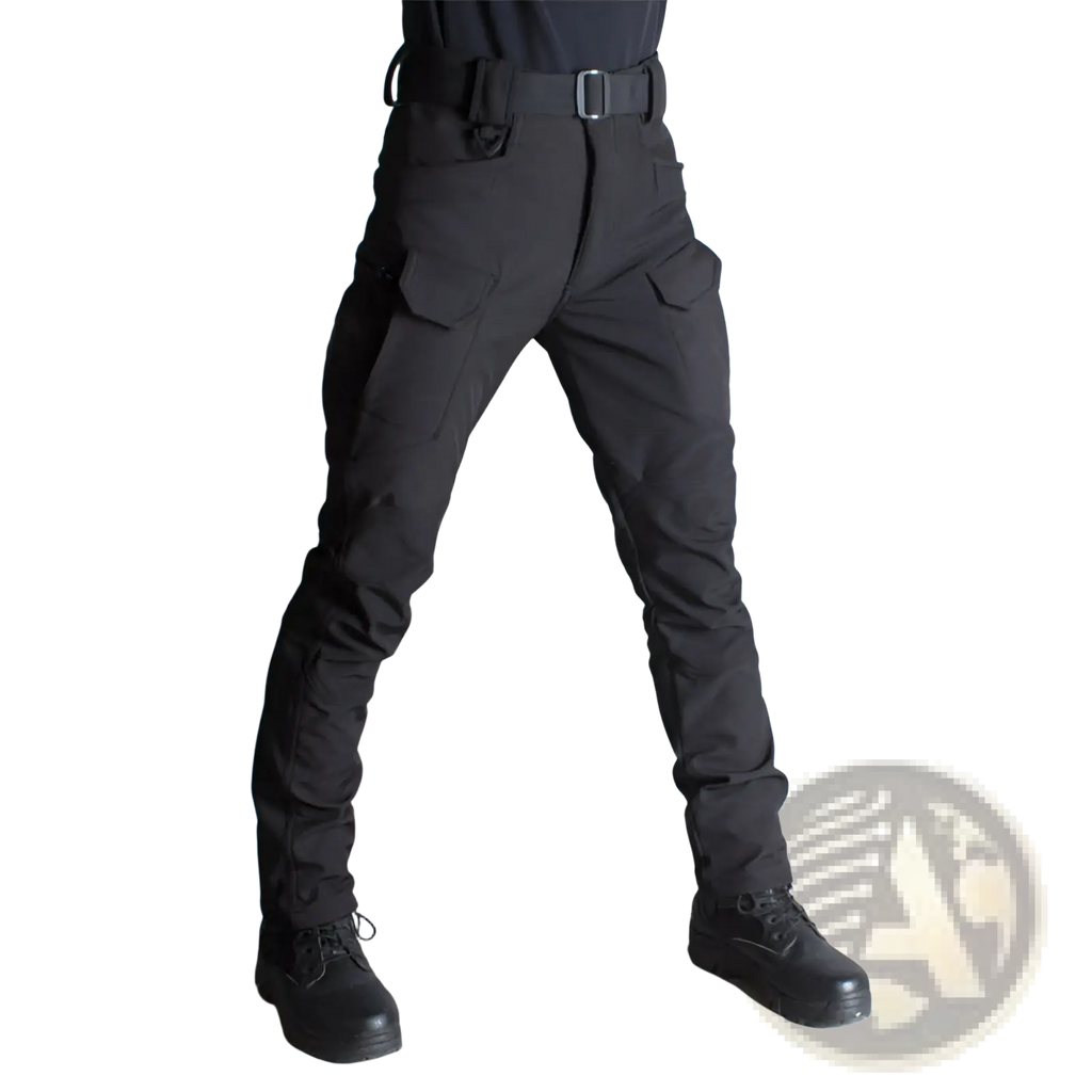 Ix7 mens fleece lined tactical pants in black with multiple cargo pockets and sturdy belt loop design
