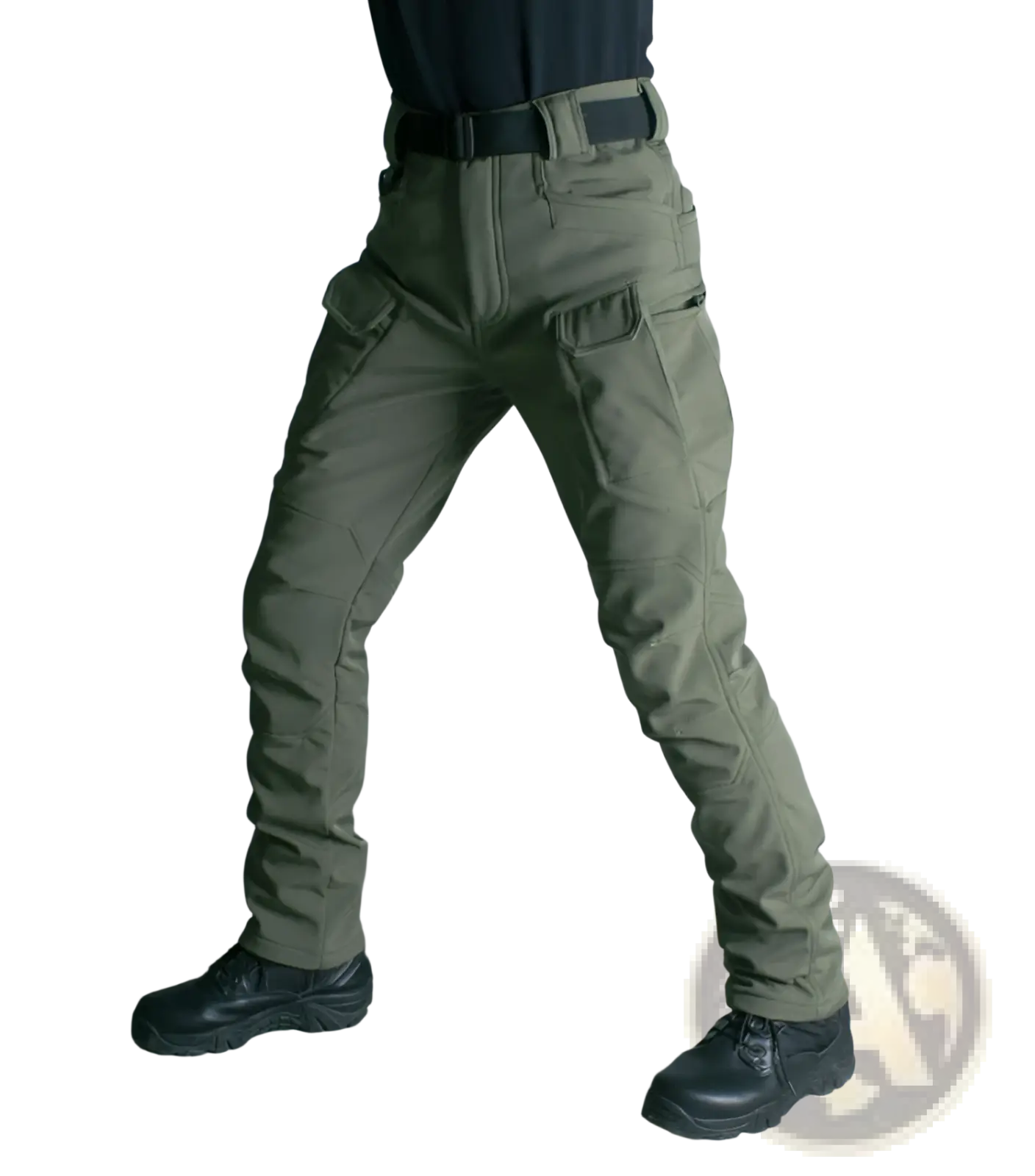 Ix7 mens olive green fleece lined tactical pants with multiple cargo pockets and black belt for work use