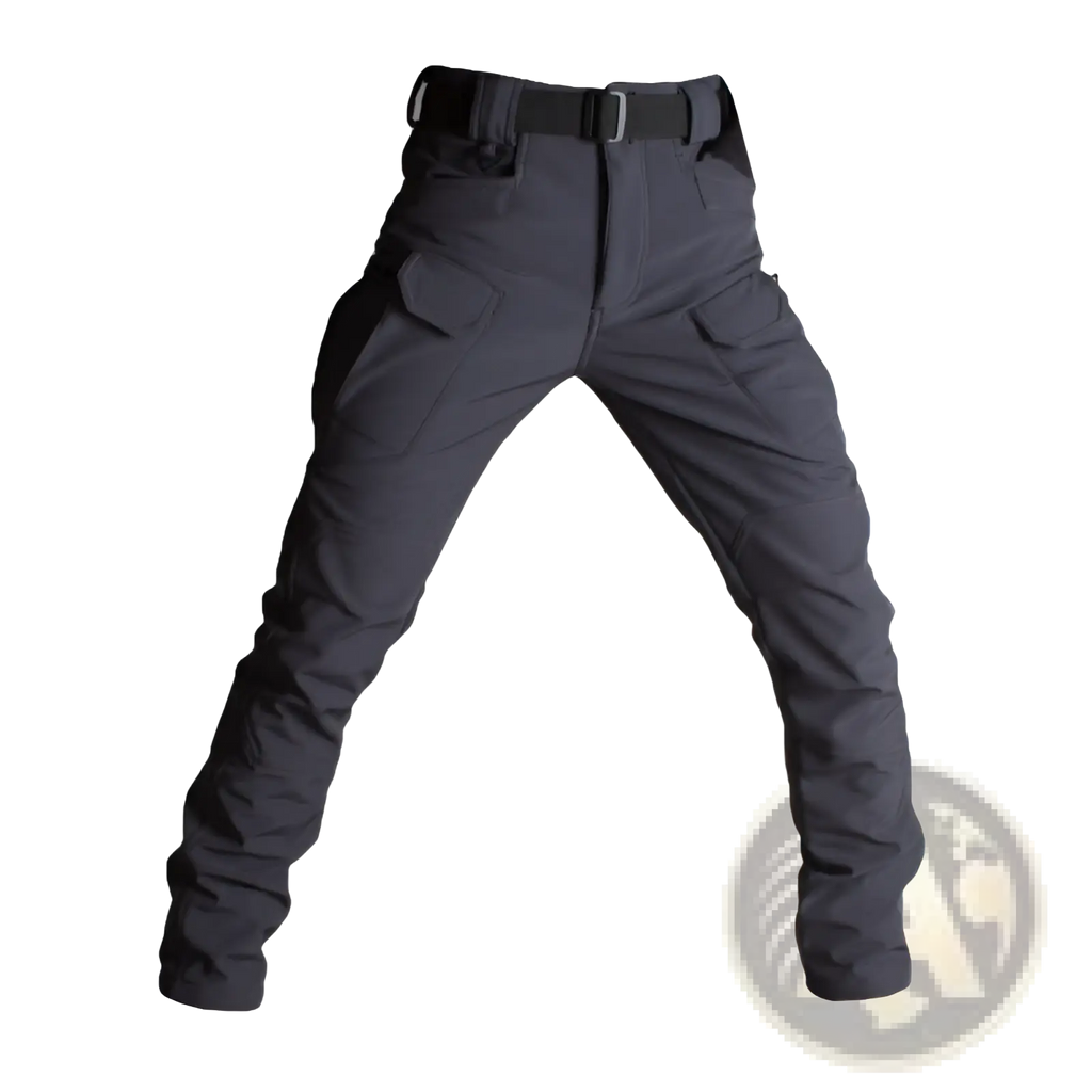 Ix7 mens fleece lined tactical pants in dark gray with multiple cargo pockets and a black belt shown from the front
