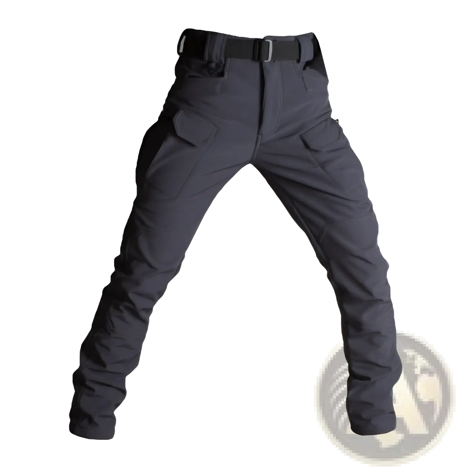 Ix7 mens fleece lined tactical pants in dark gray with multiple cargo pockets and a black belt shown from the front