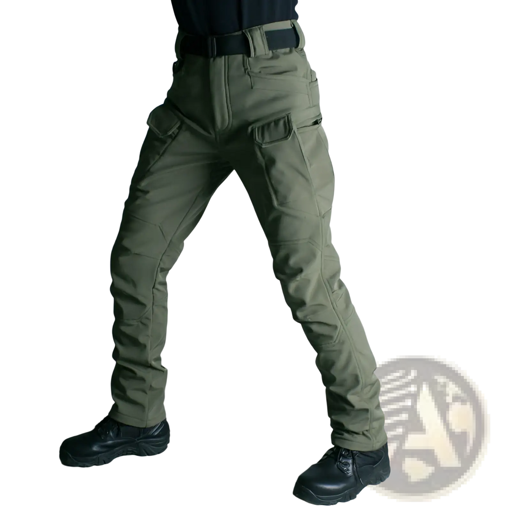 Ix7 mens olive green fleece lined tactical pants with multiple cargo pockets and durable fabric design