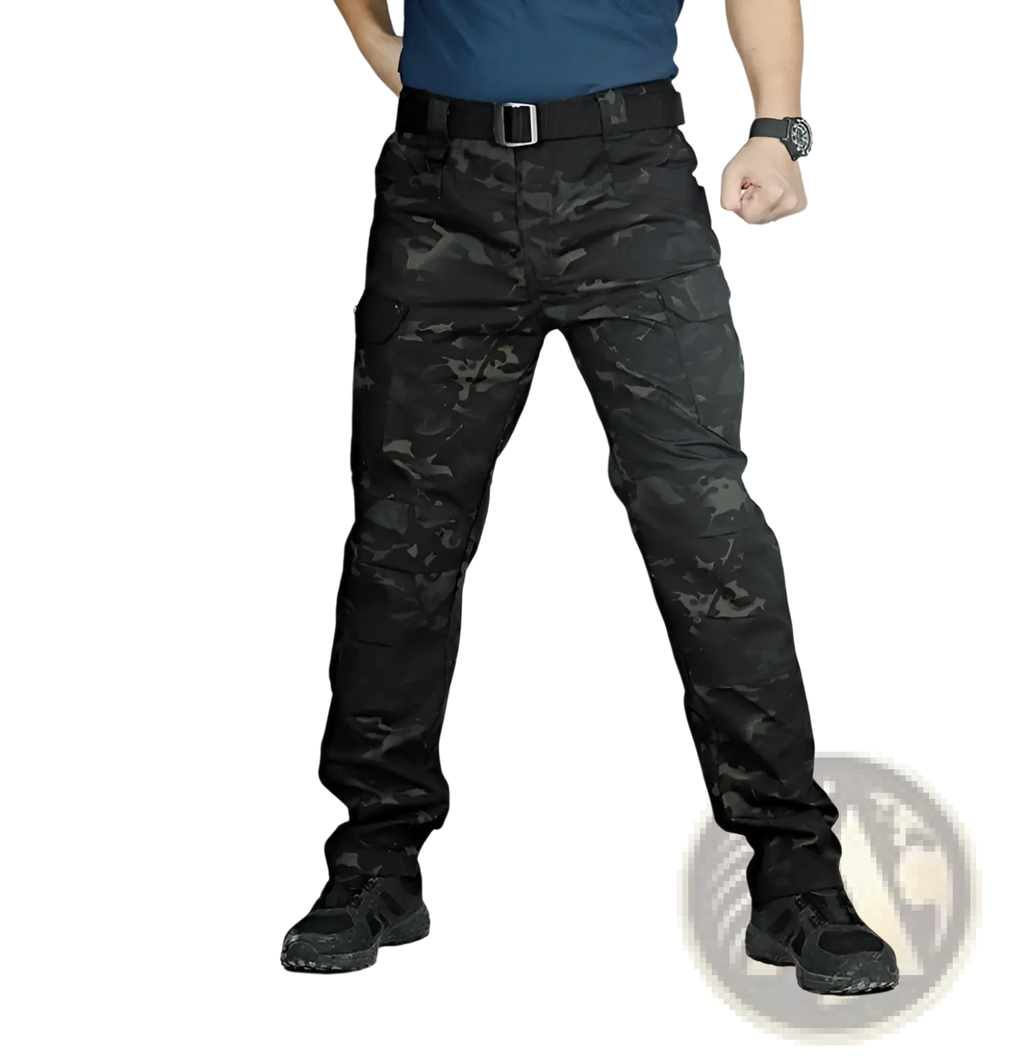 Ix7 men’s tactical cargo pants in black dark camouflage with multiple cargo pockets for army training use