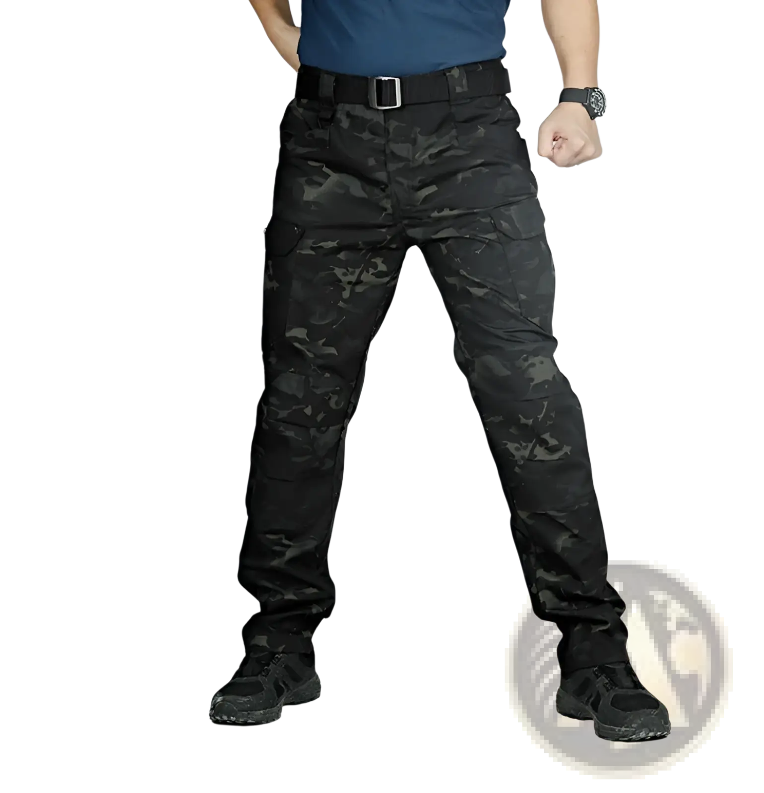 Ix7 men’s tactical cargo pants in black dark camouflage with multiple cargo pockets for army training use