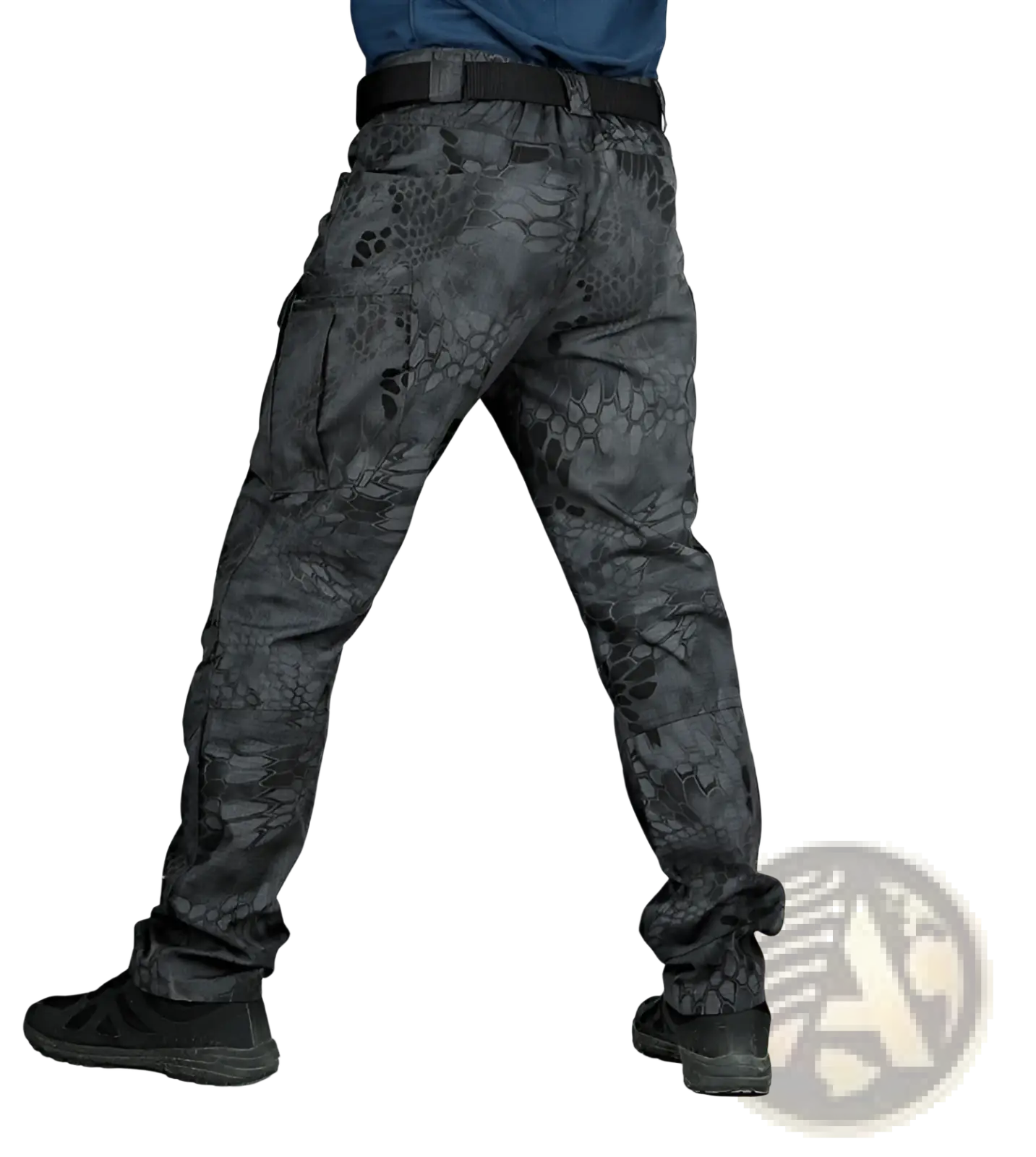 Ix7 men’s dark gray tactical cargo pants with subtle snake-scale camouflage pattern and multiple cargo pockets