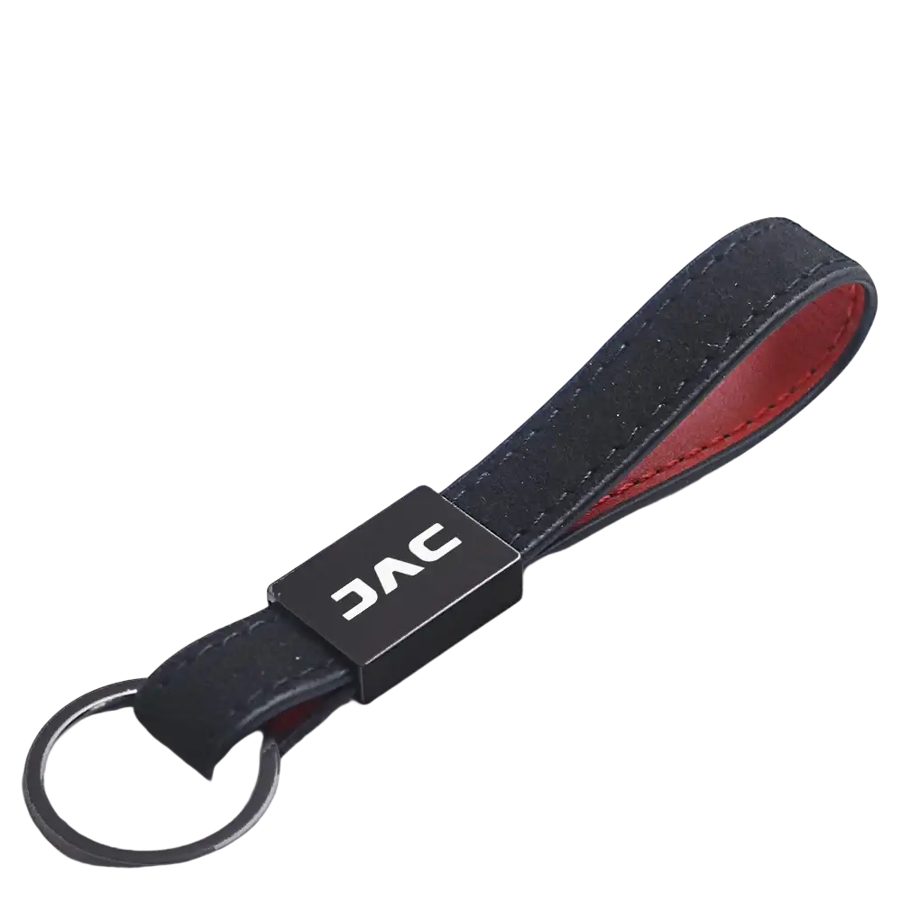 Black leather jac car keychain with red interior lining and rectangular black metal plate logo