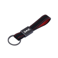 Black leather car keychain with red stitching and black metal plate featuring jac logo